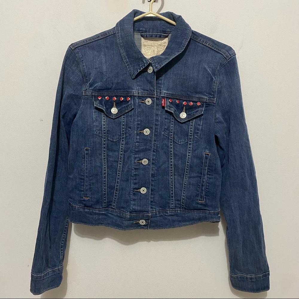 Vintage Levi Denim Jacket With Red and Silver Diamond Studs Size Medium